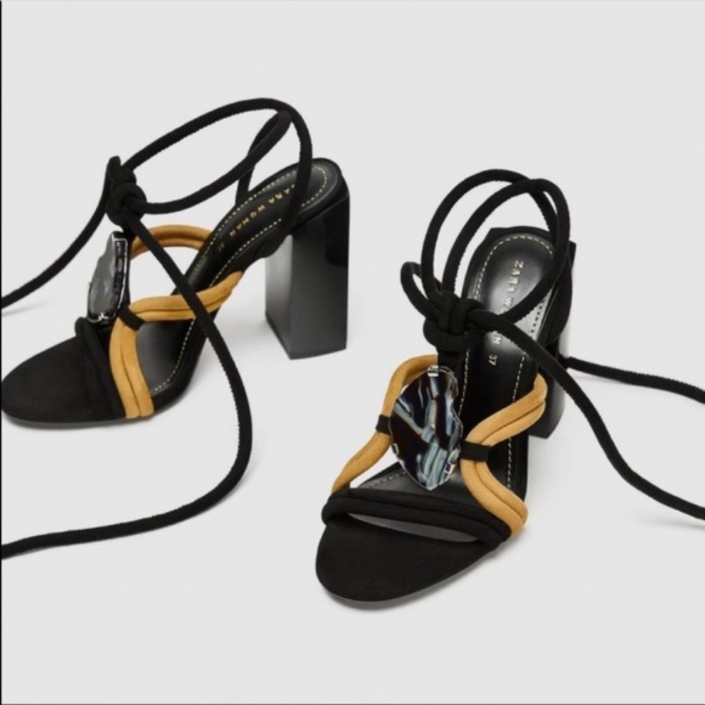 Zara Black/Yellow Lace Up Sandals with Large Stone Size 38